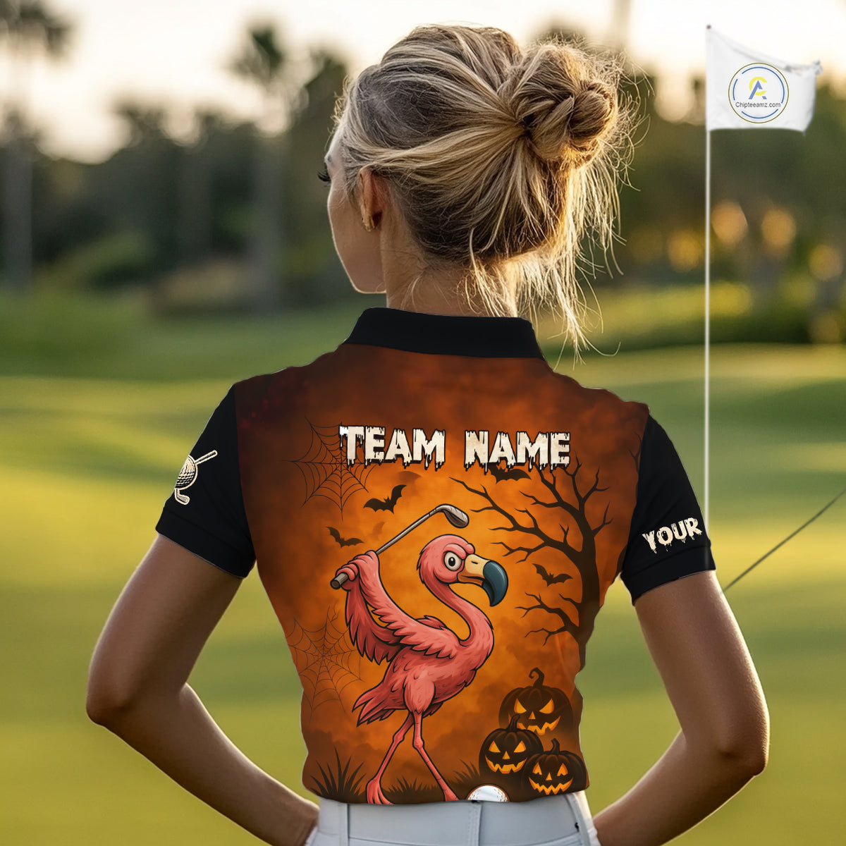 Black and Orange Funny Flamingo Golf Polo Shirt For Women Custom Halloween Golf Attire Golfing Gifts NQS10701