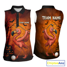 Load image into Gallery viewer, Black and Orange Funny Flamingo Women Sleeveless Polo Shirt Custom Halloween Golf Attire Golfing Gift NQS10701