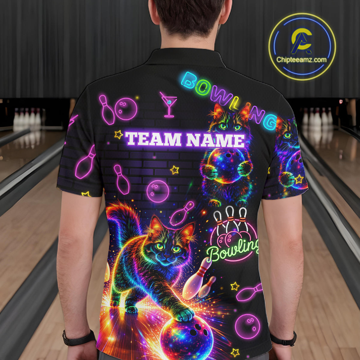 Custom Funny Cat Neon Bowling Jerseys for Men Bowling Outfit Polo & 1/4 Zip Bowling Team Shirts NQS11515