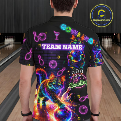 Custom Funny Cat Neon Bowling Jerseys for Men Bowling Outfit Polo & 1/4 Zip Bowling Team Shirts NQS11515