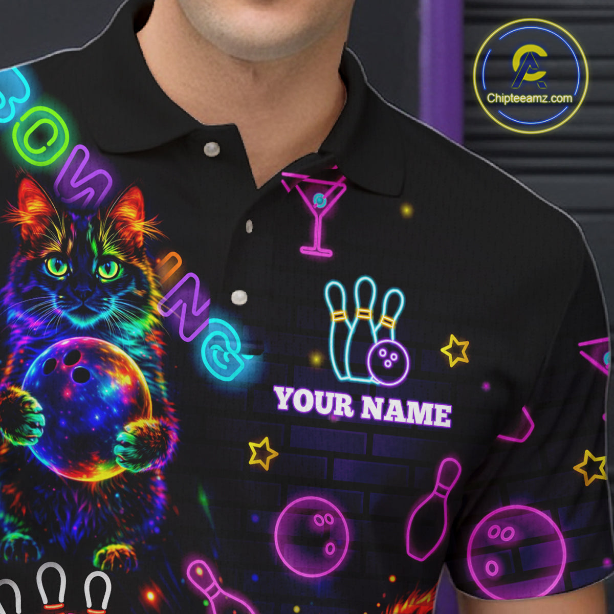 Custom Funny Cat Neon Bowling Jerseys for Men Bowling Outfit Polo & 1/4 Zip Bowling Team Shirts NQS11515