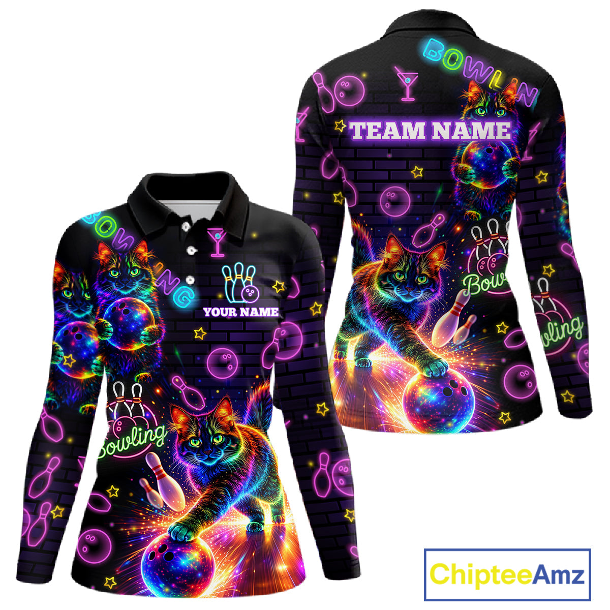 Custom Funny Cat Neon Bowling Jerseys for Ladies Bowling Outfit Polo & 1/4 Zip Bowling Team Shirts NQS11515
