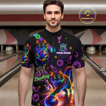 Custom Funny Cat Neon Bowling Jerseys for Men Bowling Outfit Polo & 1/4 Zip Bowling Team Shirts NQS11515