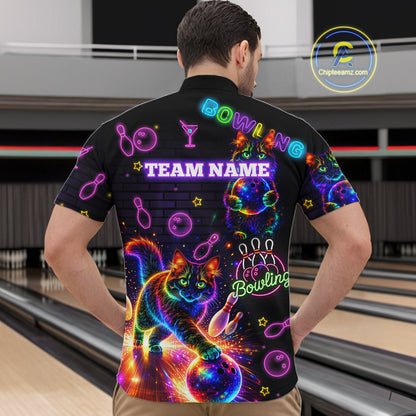 Custom Funny Cat Neon Bowling Jerseys for Men Bowling Outfit Polo & 1/4 Zip Bowling Team Shirts NQS11515