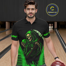Load image into Gallery viewer, Black and Green Flame Skull Reaper Bowling Polo, Quarter Zip shirt for Men Custom team bowling jersey NQS10712