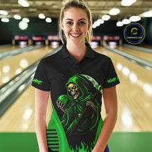 Load image into Gallery viewer, Black and Green Flame Skull Reaper Bowling Polo, 1/4 Zip shirt for Women Custom team bowling jersey NQS10712