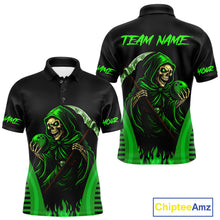 Load image into Gallery viewer, Black and Green Flame Skull Reaper Bowling Polo, Quarter Zip shirt for Men Custom team bowling jersey NQS10712