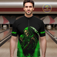 Load image into Gallery viewer, Black and Green Flame Skull Reaper Bowling Polo, Quarter Zip shirt for Men Custom team bowling jersey NQS10712