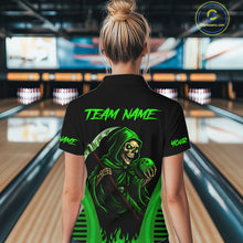 Load image into Gallery viewer, Black and Green Flame Skull Reaper Bowling Polo, 1/4 Zip shirt for Women Custom team bowling jersey NQS10712