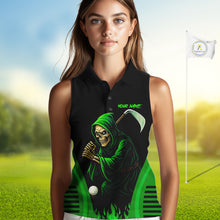 Load image into Gallery viewer, Black and Green Flame Skull Reaper Women Sleeveless Polo Shirt Custom team golf outfits for ladies NQS10713