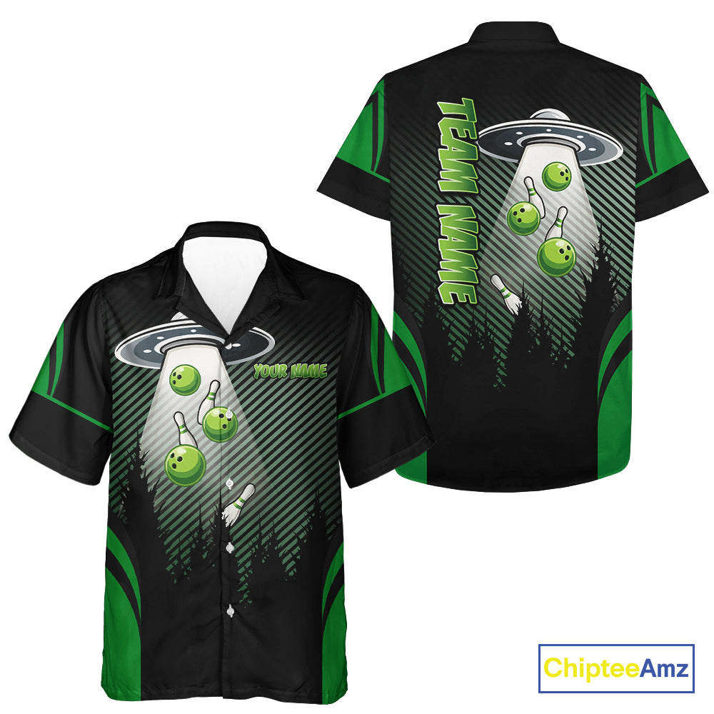 Black and Green ufo alien Bowling Hawaiian shirt Custom Bowling Team button up shirt NQS10726