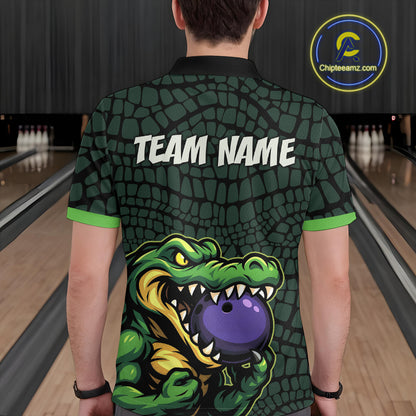 Green Alligator Bowling Polo, Quarter Zip shirts for Men Custom Team bowling uniform jersey NQS10734
