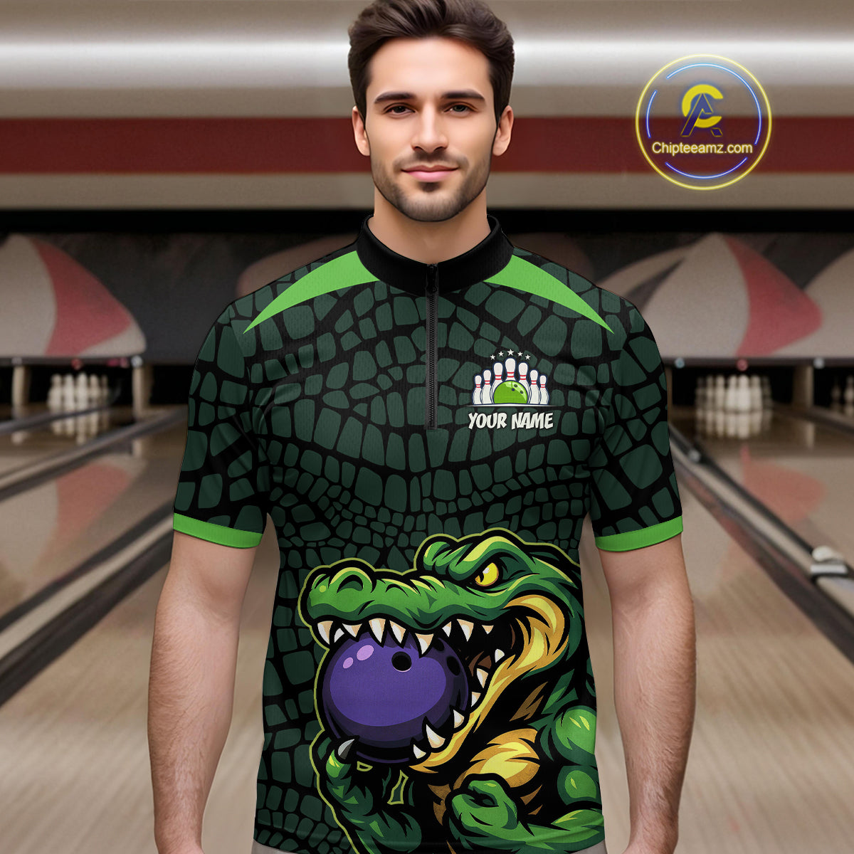 Green Alligator Bowling Polo, Quarter Zip shirts for Men Custom Team bowling uniform jersey NQS10734