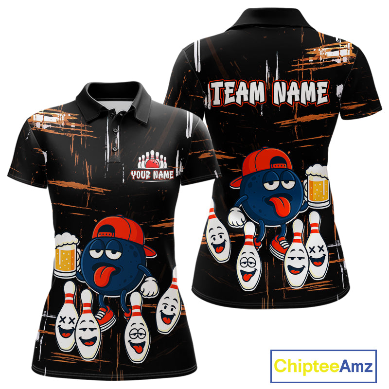 Custom Black And Orange Funny Beer Bowling Women Polo, Quarter Zip Shirts, funny bowling shirts NQS10959