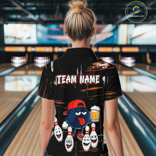 Load image into Gallery viewer, Custom Black And Orange Funny Beer Bowling Women Polo, Quarter Zip Shirts, funny bowling shirts NQS10959