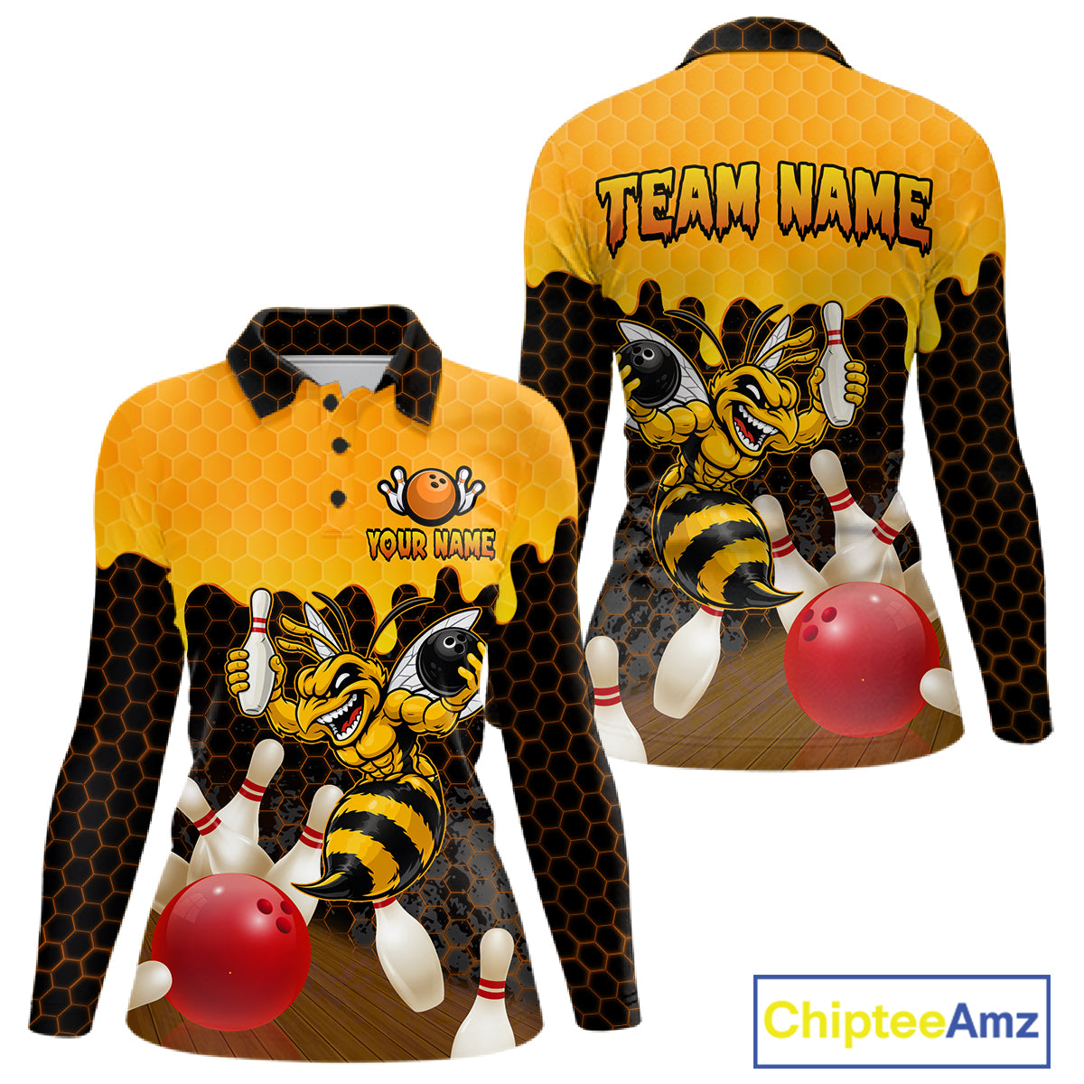 Custom Black and Yellow Honey Pattern Angry Bee Bowling Team Shirts For Women, Bowling League Shirts NQS11705
