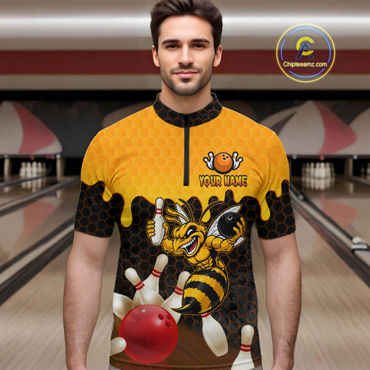 Custom Black and Yellow Honey Pattern Angry Bee Bowling Team Shirts For Men, Bowling League Shirts NQS11705