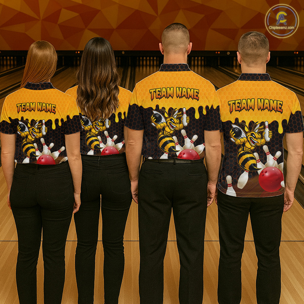 Custom Black and Yellow Honey Pattern Angry Bee Bowling Team Shirts For Women, Bowling League Shirts NQS11705