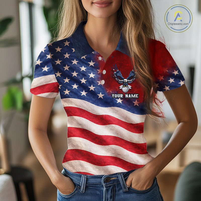 Custom American Flag Eagle Golf Polo Shirts For Women, patriotic Golf attire for ladies NQS11712