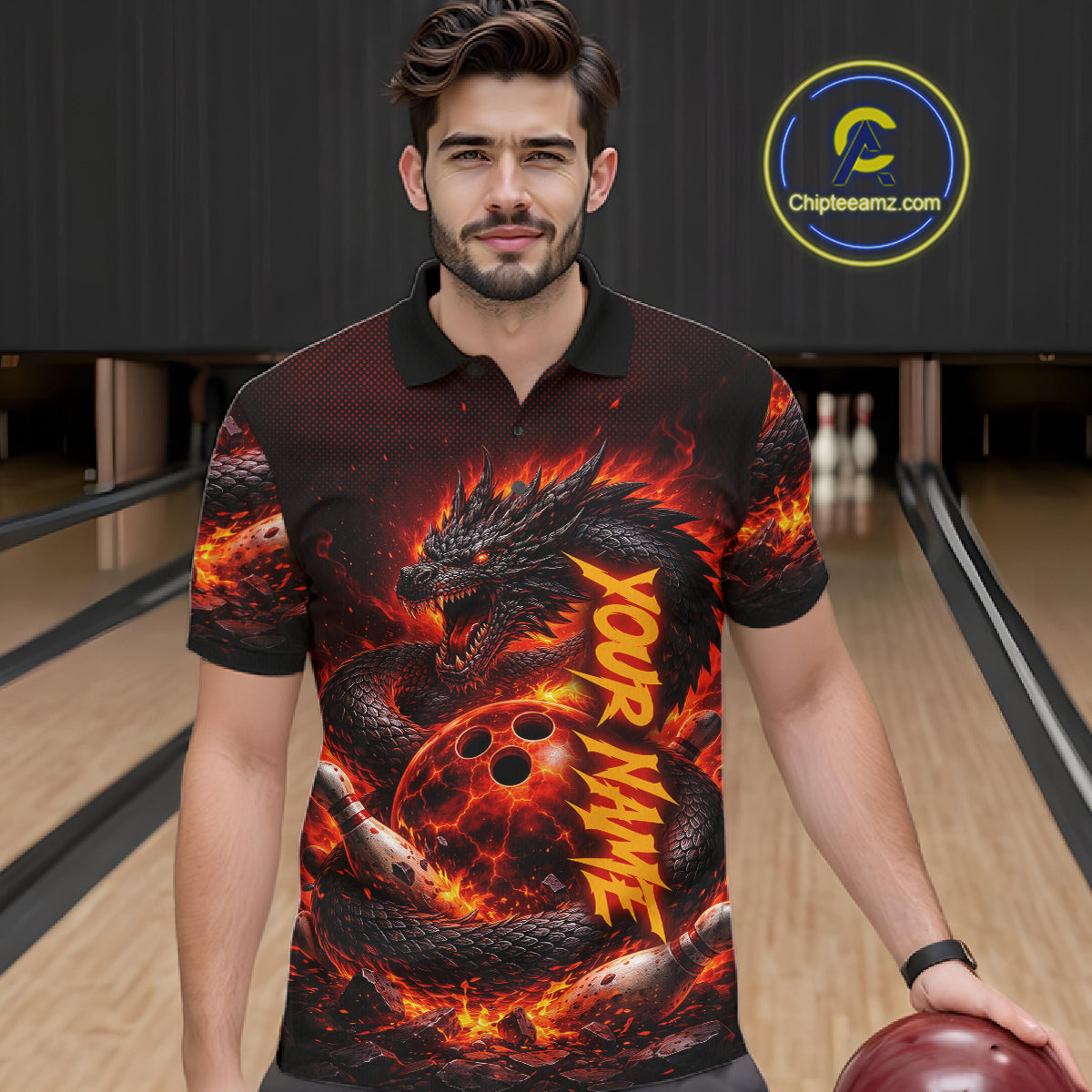 Custom Red Dragon Bowling Polo Shirts, Bowling 1/4 zip jersey For Men, Team Bowling League jerseys NQS11588
