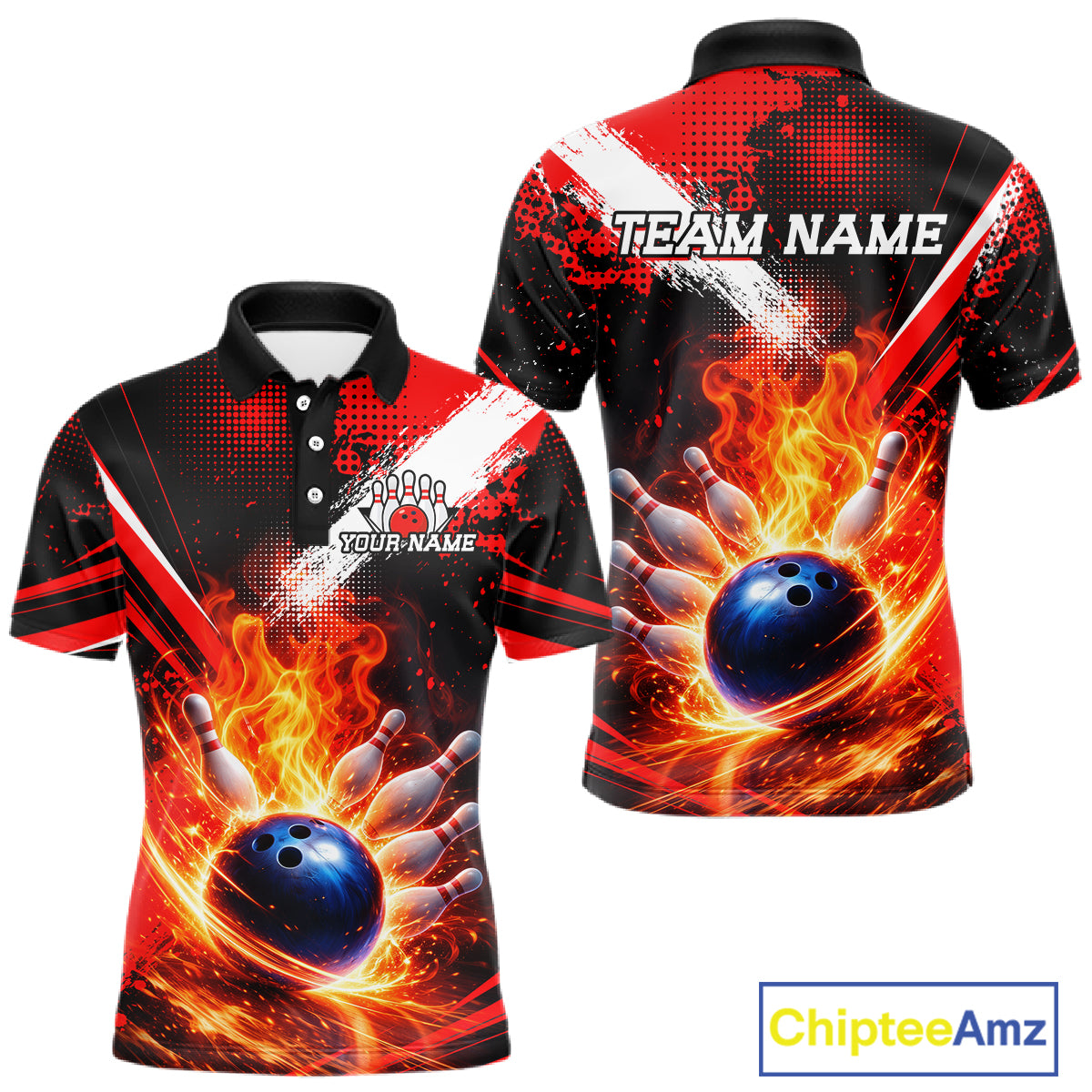 Custom Black and Red Flame Bowling Jersey Bowling Polo, 1/4 Zip Shirts for Men, Team bowling outfit NQS11595
