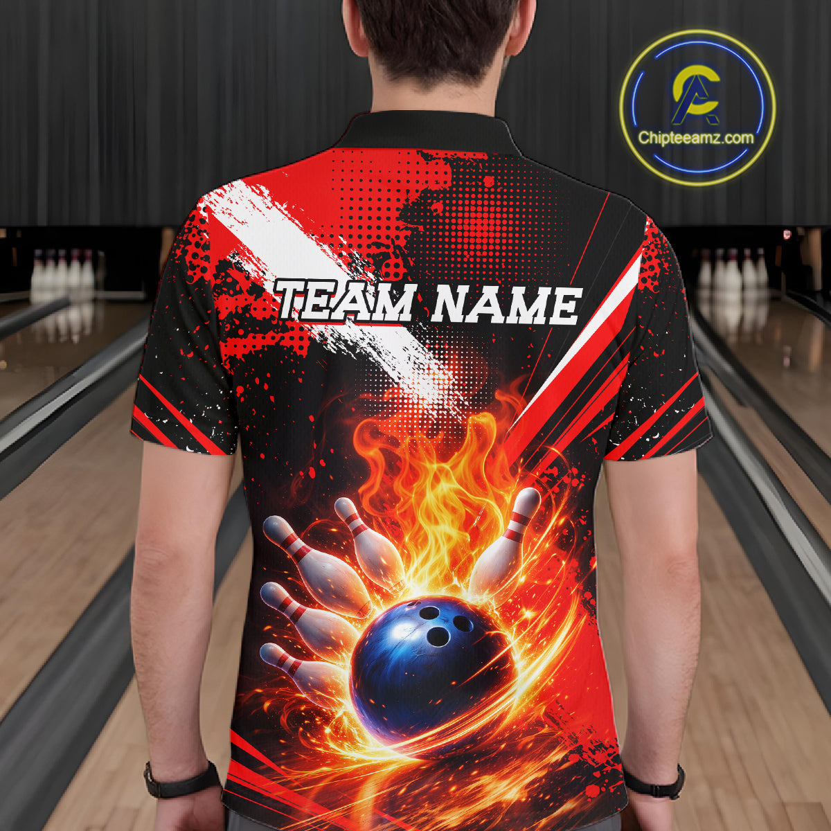 Custom Black and Red Flame Bowling Jersey Bowling Polo, 1/4 Zip Shirts for Men, Team bowling outfit NQS11595