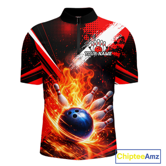 Custom Black and Red Flame Bowling Jersey Bowling Polo, 1/4 Zip Shirts for Men, Team bowling outfit NQS11595