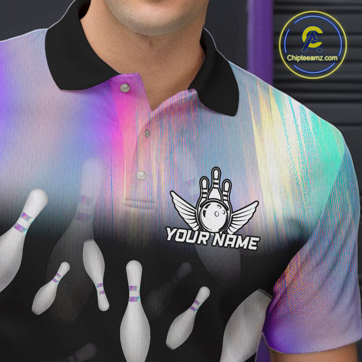 Bowling Polo Shirts For Men, 1/4 zip shirts Custom hologram Bowling Team Shirts Bowler Outfit NQS11385