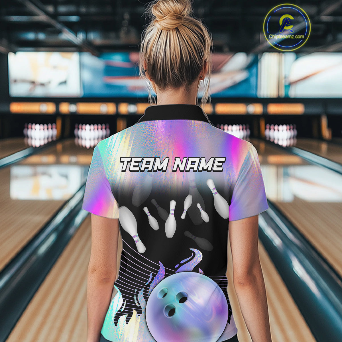 Bowling Polo Shirts For Women, 1/4 zip shirts Custom hologram Bowling Team Shirts Bowler Outfit NQS11385