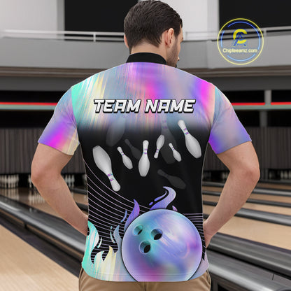 Bowling Polo Shirts For Men, 1/4 zip shirts Custom hologram Bowling Team Shirts Bowler Outfit NQS11385