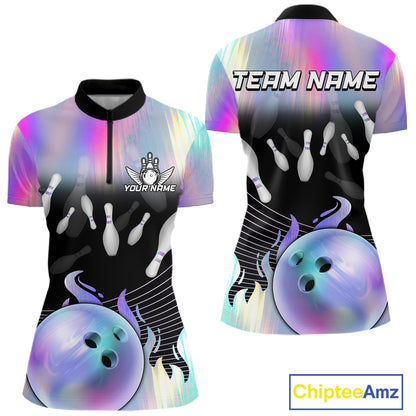 Bowling Polo Shirts For Women, 1/4 zip shirts Custom hologram Bowling Team Shirts Bowler Outfit NQS11385