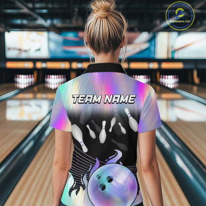 Bowling Polo Shirts For Women, 1/4 zip shirts Custom hologram Bowling Team Shirts Bowler Outfit NQS11385
