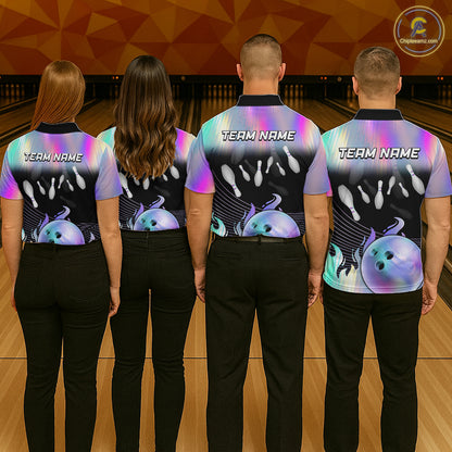 Bowling Polo Shirts For Women, 1/4 zip shirts Custom hologram Bowling Team Shirts Bowler Outfit NQS11385