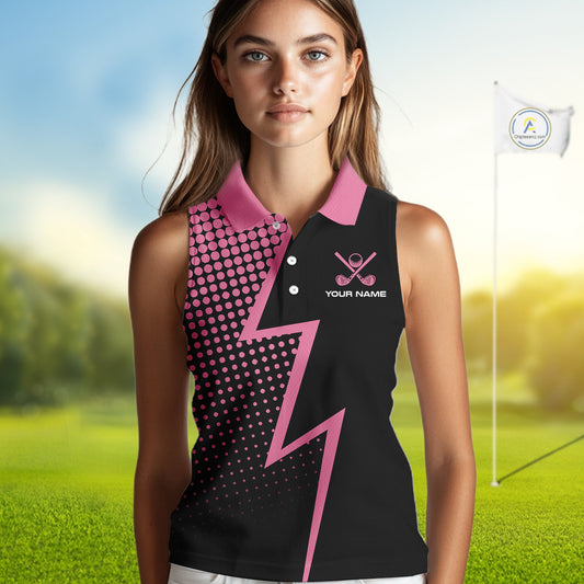 Black and Pink dots pattern Lightning Sleeveless Golf polo shirt custom golf top for ladies NQS10853
