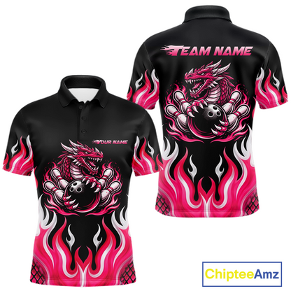 Black and Pink Flame Dragon Bowling Polo, 1/4 Zip Shirts For Men Custom Dragon Bowling Team Jerseys NQS11733