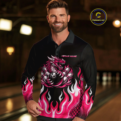 Black and Pink Flame Dragon Bowling Polo, 1/4 Zip Shirts For Men Custom Dragon Bowling Team Jerseys NQS11733