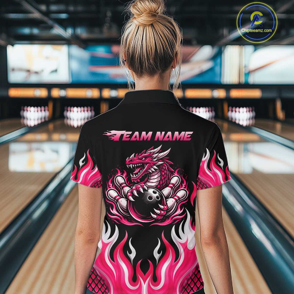 Black and Pink Flame Dragon Bowling Polo, 1/4 Zip Shirts For Women Custom Dragon Bowling Team Jerseys NQS11733