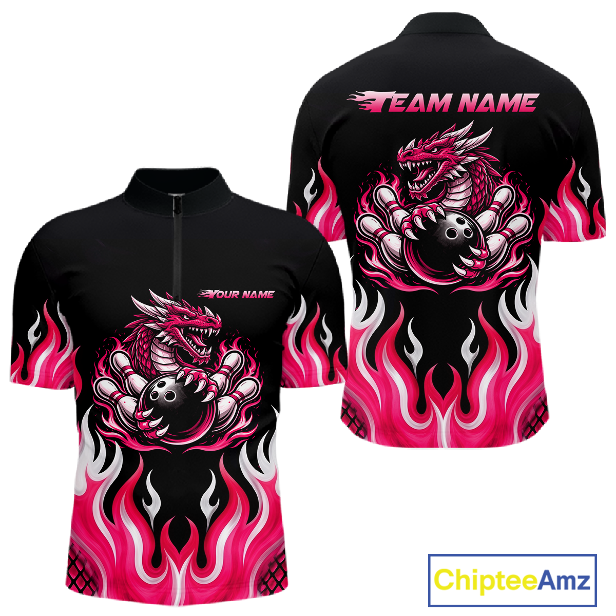 Black and Pink Flame Dragon Bowling Polo, 1/4 Zip Shirts For Men Custom Dragon Bowling Team Jerseys NQS11733