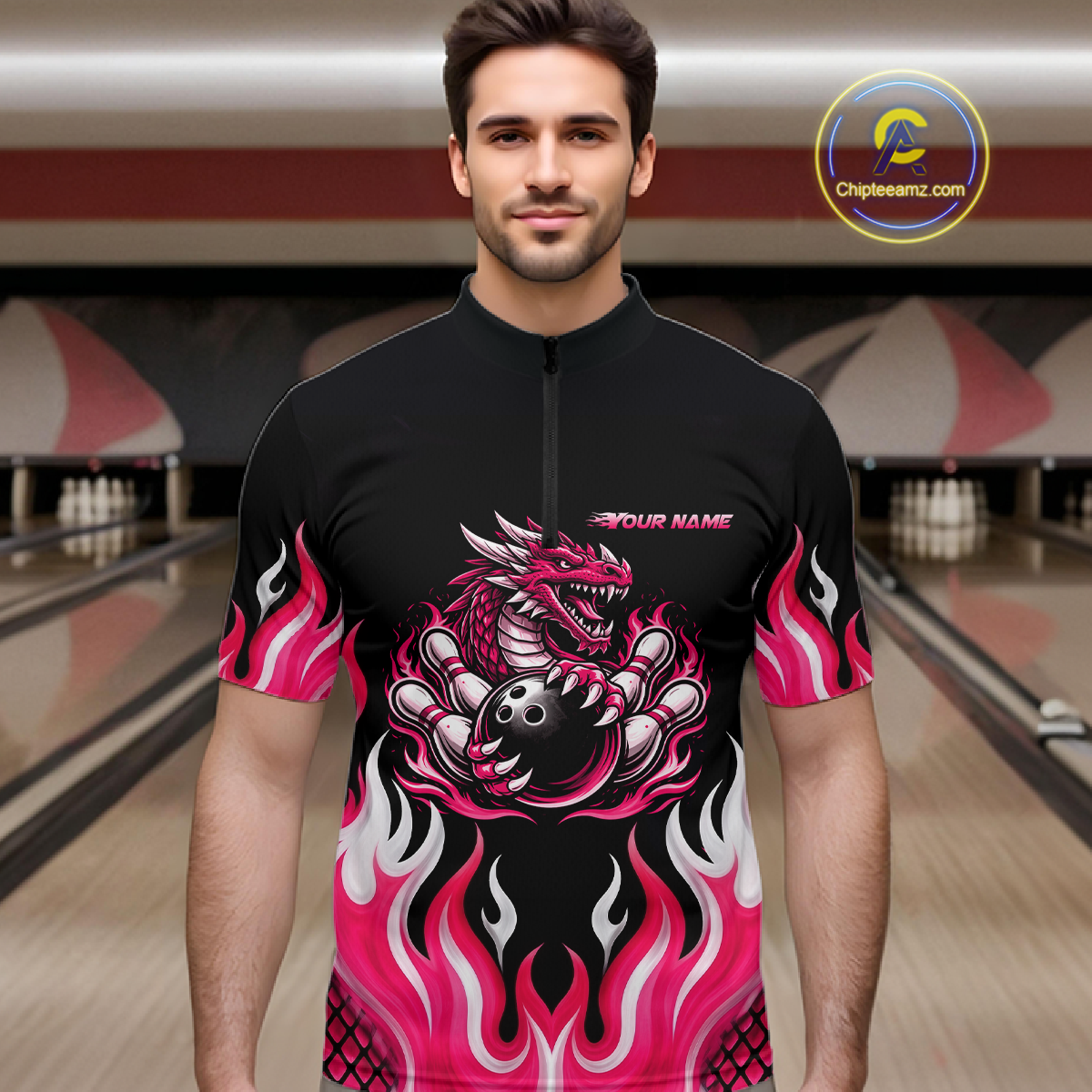 Black and Pink Flame Dragon Bowling Polo, 1/4 Zip Shirts For Men Custom Dragon Bowling Team Jerseys NQS11733
