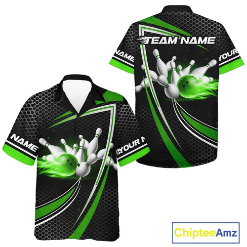 Black and Green Flame Bowling Hawaiian Shirt Custom Team Bowling Jersey, Gift For Bowlers NQS10858