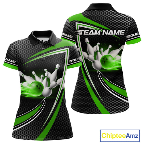 Black and Green Flame Bowling Shirts For Women Custom Team Bowling Jersey, Gift For Bowlers NQS10858