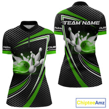 Load image into Gallery viewer, Black and Green Flame Bowling Shirts For Women Custom Team Bowling Jersey, Gift For Bowlers NQS10858