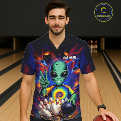 Funny Colorful Galaxy Alien Bowling Hawaiian Shirt Custom Bowling Team Outfit, Gift For Bowler NQS11444