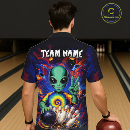 Funny Colorful Galaxy Alien Bowling Hawaiian Shirt Custom Bowling Team Outfit, Gift For Bowler NQS11444