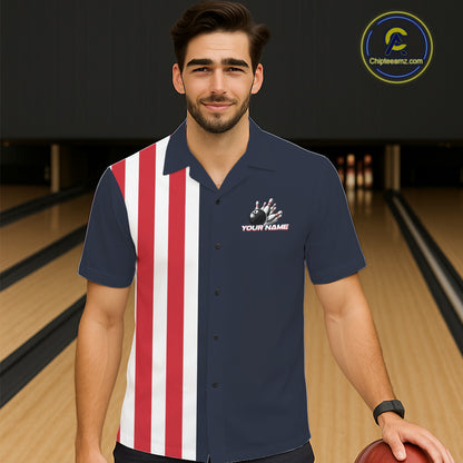 Retro Bowling Hawaiian Button-up Shirt custom Red, White & Blue patriotic bowling outfits team jersey NQS11446