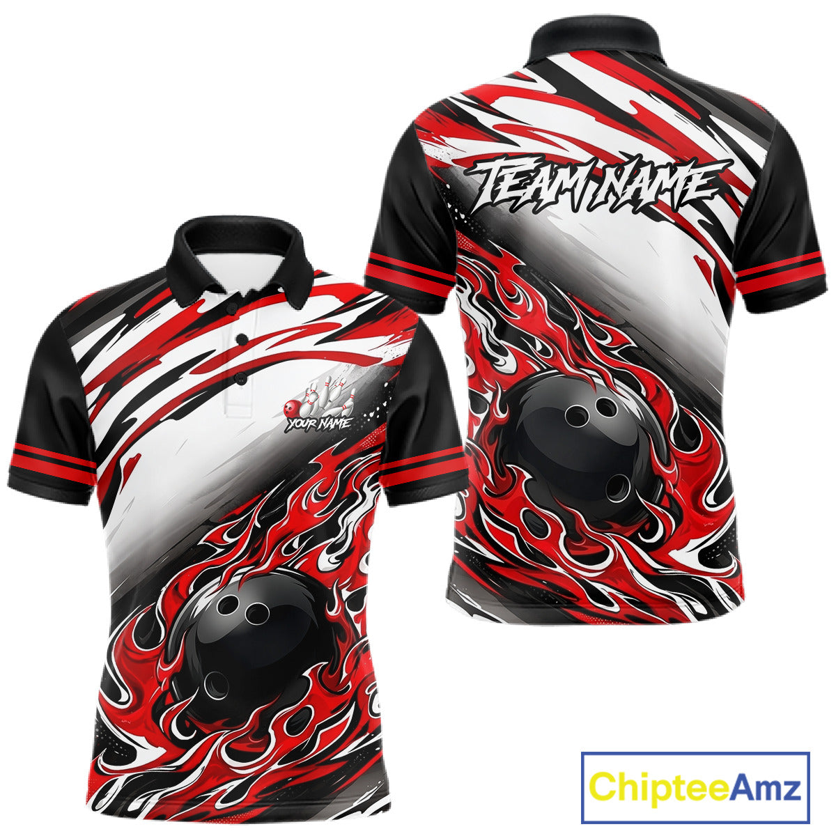 Red Flame Bowling Polo, Quarter Zip Shirts For Men Custom Bowling Team Jerseys, Gift For Bowlers NQS11738