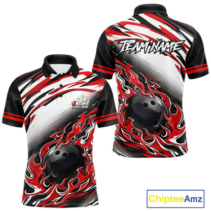 Red Flame Bowling Polo, Quarter Zip Shirts For Men Custom Bowling Team Jerseys, Gift For Bowlers NQS11738
