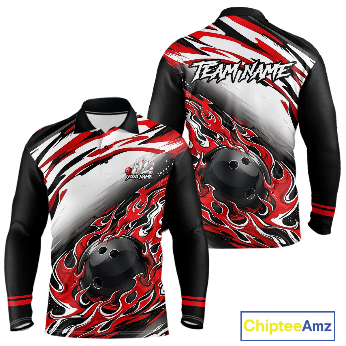 Red Flame Bowling Polo, Quarter Zip Shirts For Men Custom Bowling Team Jerseys, Gift For Bowlers NQS11738