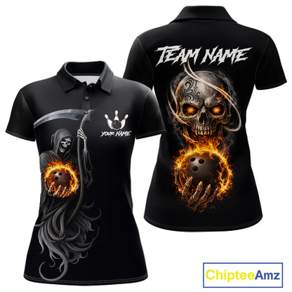 Flame Skull Reaper Bowling Polo, Quarter Zip Shirts For Women Custom Bowling Team Jerseys | Black NQS11745