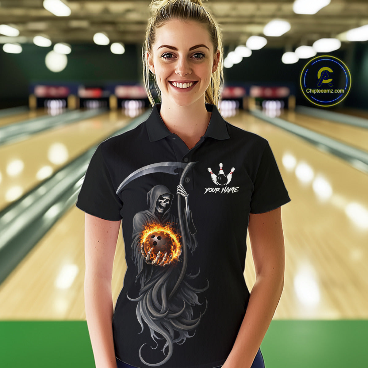 Flame Skull Reaper Bowling Polo, Quarter Zip Shirts For Women Custom Bowling Team Jerseys | Black NQS11745